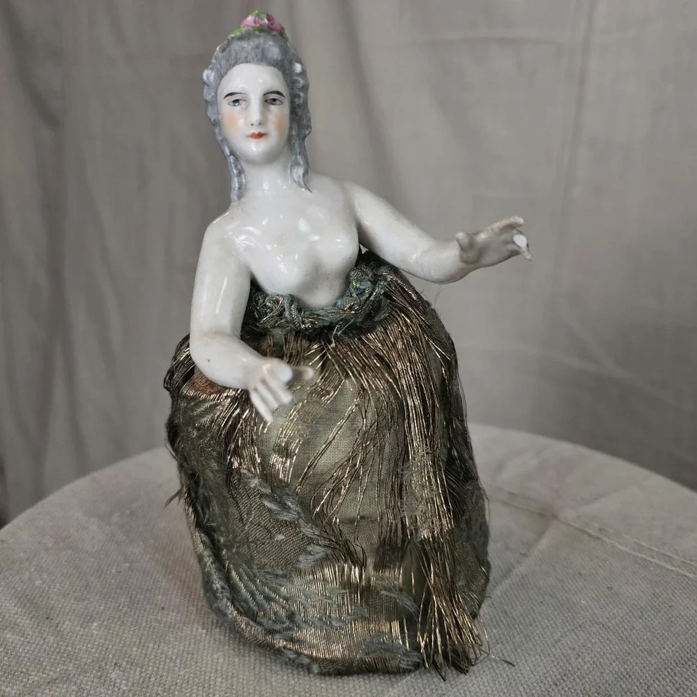 18th C. Style Porcelain Figurine Half Doll Art Nouveau Lampshade Pin Cushion